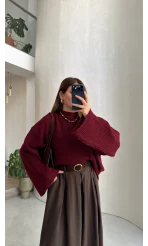 Oversize Bol Kol Triko Kazak - Bordo