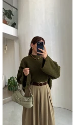 Oversize Bol Kol Triko Kazak - Haki