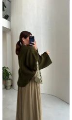 Oversize Bol Kol Triko Kazak - Haki