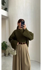 Oversize Bol Kol Triko Kazak - Haki