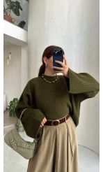 Oversize Bol Kol Triko Kazak - Haki