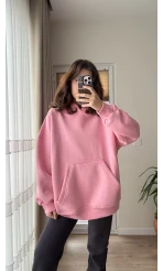 Oversize Kapüşonlu 3 İplik Şardonlu Sweatshirt Pembe