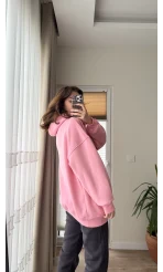 Oversize Kapüşonlu 3 İplik Şardonlu Sweatshirt Pembe