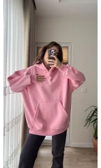 Oversize Kapüşonlu 3 İplik Şardonlu Sweatshirt Pembe
