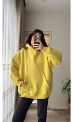 Oversize Kapüşonlu 3 İplik Şardonlu Sweatshirt Sarı