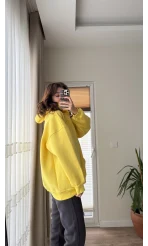 Oversize Kapüşonlu 3 İplik Şardonlu Sweatshirt Sarı