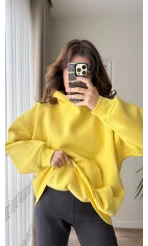 Oversize Kapüşonlu 3 İplik Şardonlu Sweatshirt Sarı