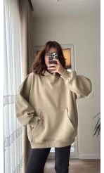 Oversize Kapüşonlu 3 İplik Şardonlu Sweatshirt Taş