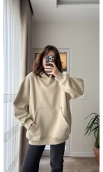 Oversize Kapüşonlu 3 İplik Şardonlu Sweatshirt Taş