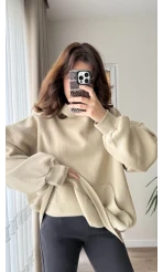 Oversize Kapüşonlu 3 İplik Şardonlu Sweatshirt Taş