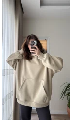 Oversize Kapüşonlu 3 İplik Şardonlu Sweatshirt Taş