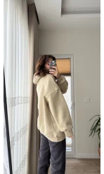 Oversize Kapüşonlu 3 İplik Şardonlu Sweatshirt Taş