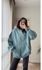 Oversize Kapüşonlu 3 İplik Şardonlu Sweatshirt Turkuaz