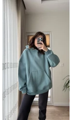 Oversize Kapüşonlu 3 İplik Şardonlu Sweatshirt Turkuaz