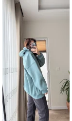 Oversize Kapüşonlu 3 İplik Şardonlu Sweatshirt Turkuaz