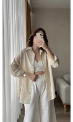 Oversize Keten Çizgili Ekru Gömlek