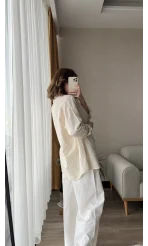 Oversize Keten Çizgili Ekru Gömlek