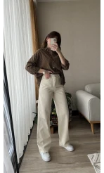 Oversize Keten Çizgili Kahverengi Gömlek