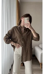 Oversize Keten Çizgili Kahverengi Gömlek