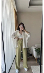 Oversize Krem Gofre Kumaş Gömlek