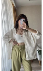 Oversize Krem Gofre Kumaş Gömlek