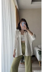 Oversize Krem Gofre Kumaş Gömlek