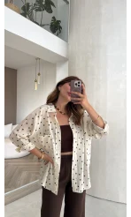 Oversize Puantiye Desenli Gömlek - Krem - Kod: 5092
