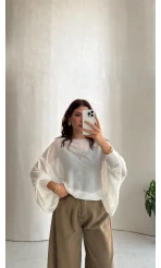 Oversize Transparan Pelerin Bluz - Beyaz - Kod: 2833