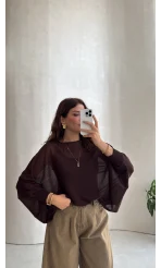 Oversize Transparan Pelerin Bluz - Kahve - Kod: 2833