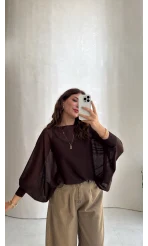 Oversize Transparan Pelerin Bluz - Kahve - Kod: 2833
