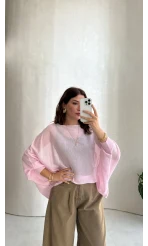 Oversize Transparan Pelerin Bluz - Pembe - Kod: 2833
