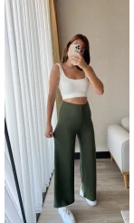 Oys Etikeli Düz Palazzo Pantolon Haki