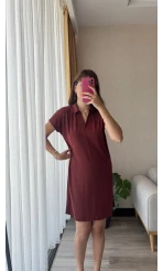 Oys Etiketli Modal Kumaş Bordo Polo Yaka Elbise