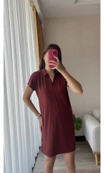 Oys Etiketli Modal Kumaş Bordo Polo Yaka Elbise