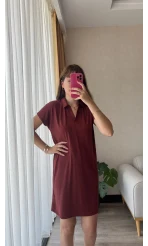 Oys Etiketli Modal Kumaş Bordo Polo Yaka Elbise
