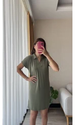 Oys Etiketli Modal Kumaş Haki Polo Yaka Elbise