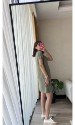 Oys Etiketli Modal Kumaş Haki Polo Yaka Elbise
