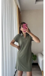 Oys Etiketli Modal Kumaş Haki Polo Yaka Elbise