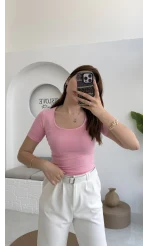 Oys U Yaka T-Shirt Pembe