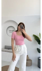 Oys U Yaka T-Shirt Pembe