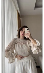 Özel Tasarım Dantel Keten Bluz