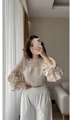 Özel Tasarım Dantel Keten Bluz