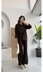 Paloma Fitilli Gömlek Pantolon Takım - Kahverengi - KOD:6033