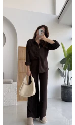 Paloma Fitilli Gömlek Pantolon Takım - Kahverengi - KOD:6033