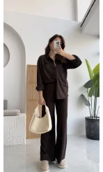 Paloma Fitilli Gömlek Pantolon Takım - Kahverengi - KOD:6033