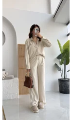 Paloma Fitilli Gömlek Pantolon Takım - Krem - KOD:6033