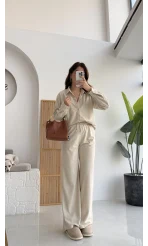 Paloma Fitilli Gömlek Pantolon Takım - Krem - KOD:6033