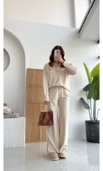 Paloma Fitilli Gömlek Pantolon Takım - Krem - KOD:6033