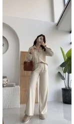 Paloma Fitilli Gömlek Pantolon Takım - Krem - KOD:6033