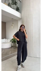 Pamuk Kumaş T-shirt Pantolon Takım - Füme - Kod: 51149